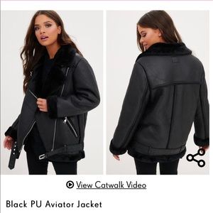 Black Leather Fur Aviator Jacket PRETTYLITTLETHING